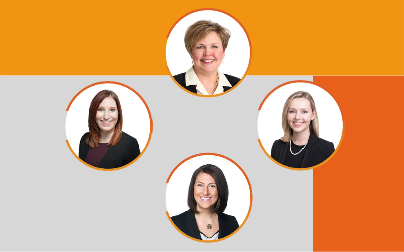Headshots of four professional women smiling for camera against a stylized backdrop.