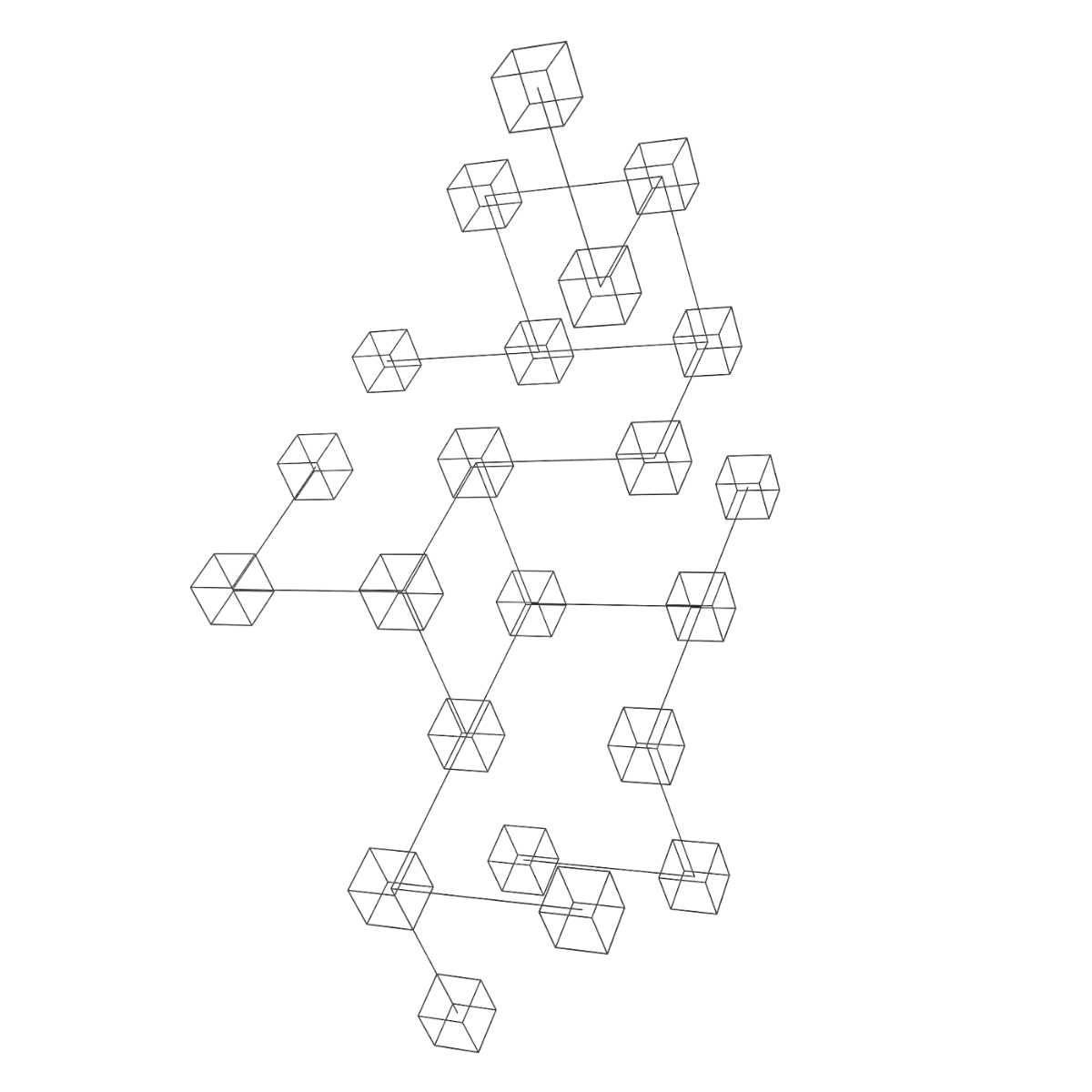 Line drawing of many cubes connected by short sticks to each other to form a model.