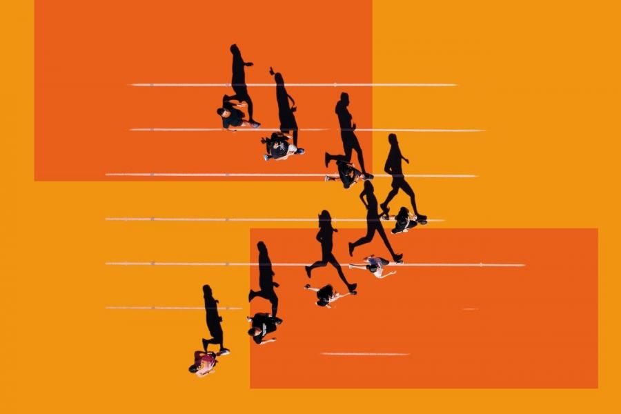 Runners seen from above with stylized backdrop.