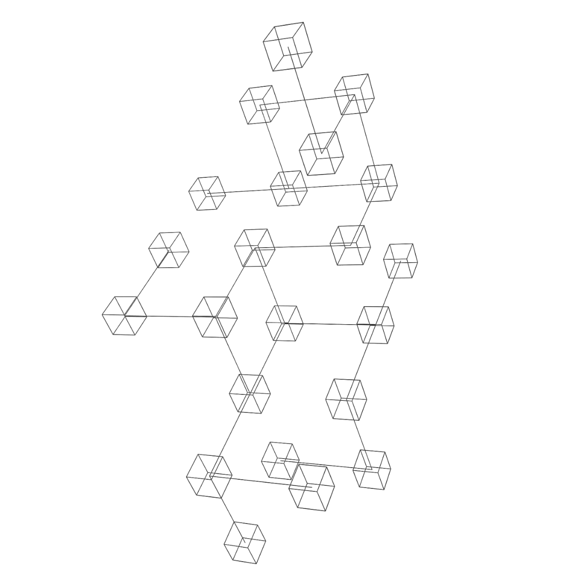 Line drawing of many cubes connected by short sticks to each other to form a model.