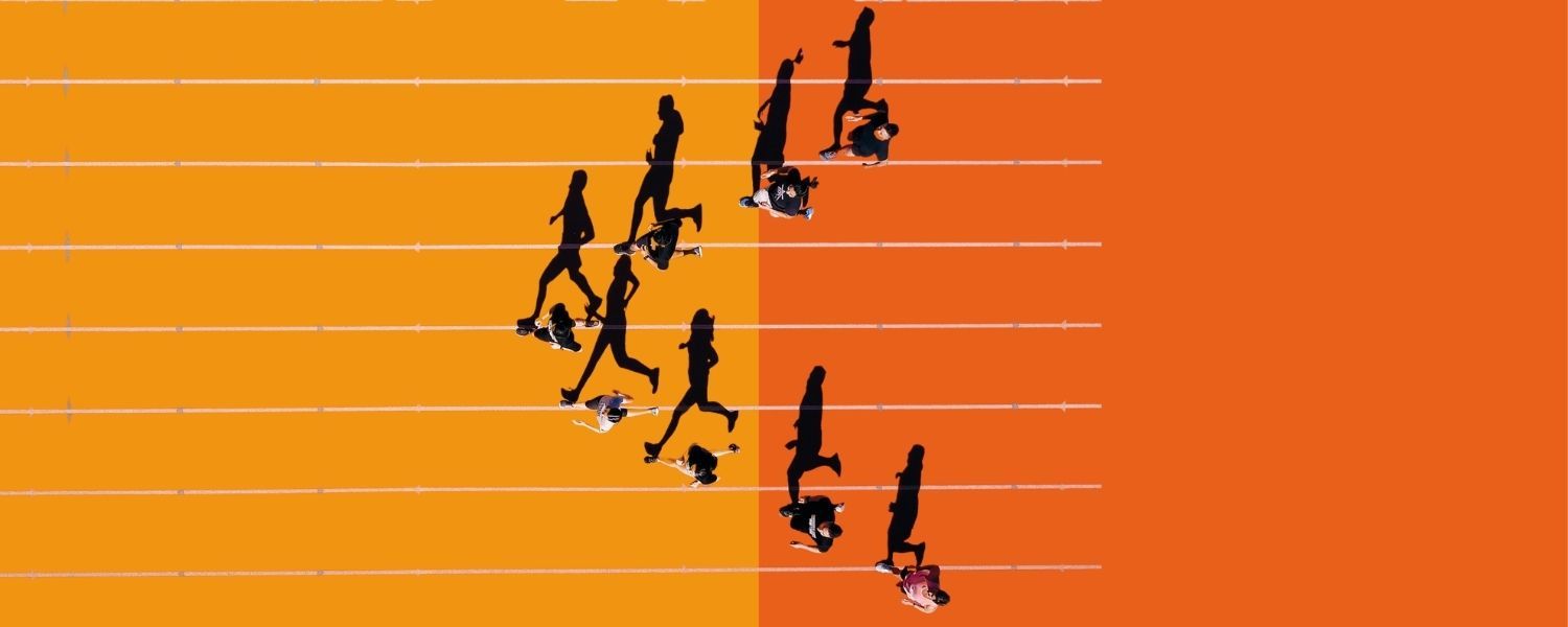 Group of runners seen from above on a stylized background.