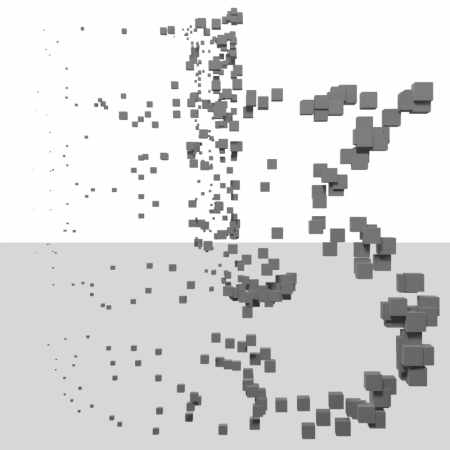 Many small cubes of various sizes scattered across a stylized background.