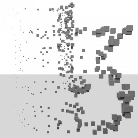 Many small cubes of various sizes scattered across a stylized background.